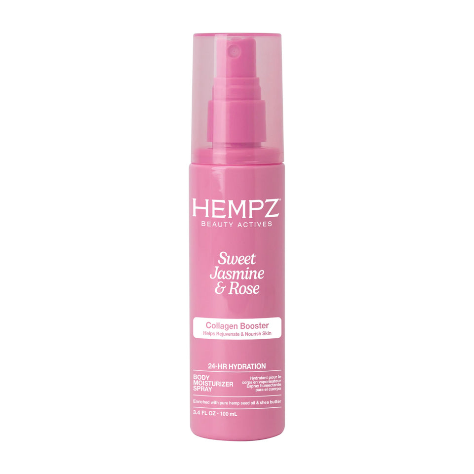Hempz front packaging showing spray bottle and floral scent, convenient travel size