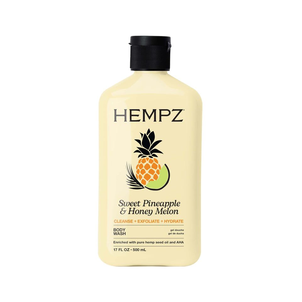 Hempz front bottle shot showing label and tropical scent, highlights nourishing benefits