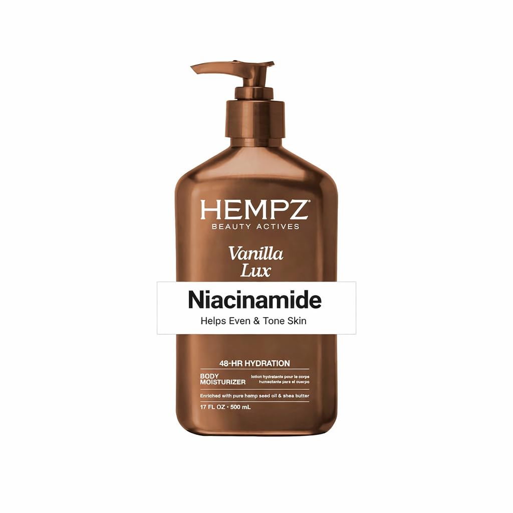Hempz front packaging shows 17 oz bottle and vanilla scent benefits
