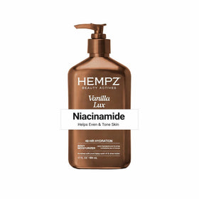 Hempz front packaging shows 17 oz bottle and vanilla scent benefits