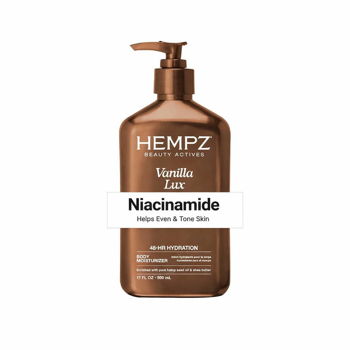 Hempz front packaging shows 17 oz bottle and vanilla scent benefits