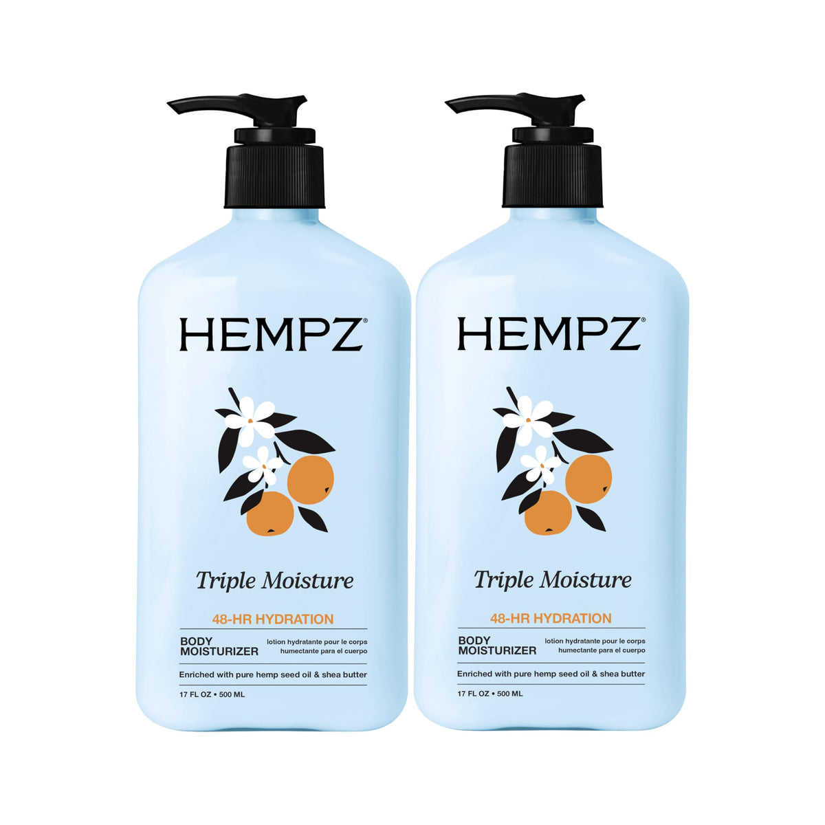 Hempz front packaging showing two 17 fl oz tubs and product benefit soft skin