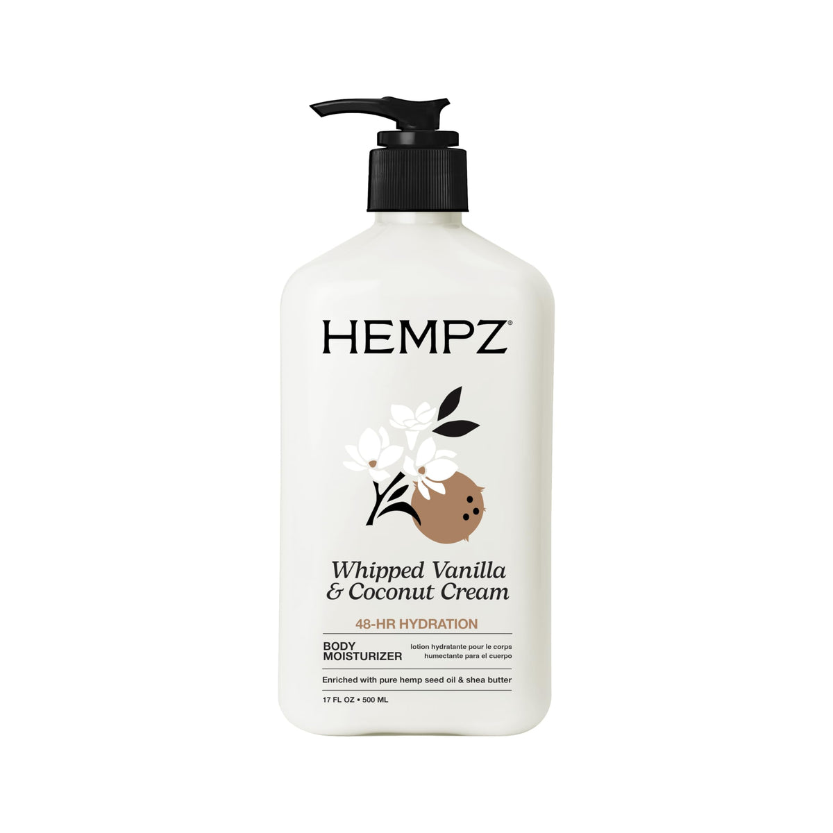 Hempz front packaging showing 17 oz tub and scent, highlights hydration