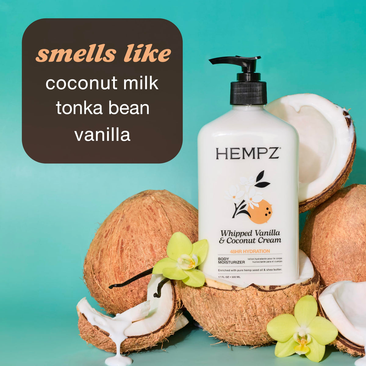 Hempz pump dispense close-up showing creamy lotion being released, fast-absorbing benefit