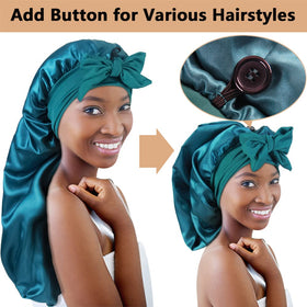 Heniho button and tie band detail showing secure hold for heavy hair convenience