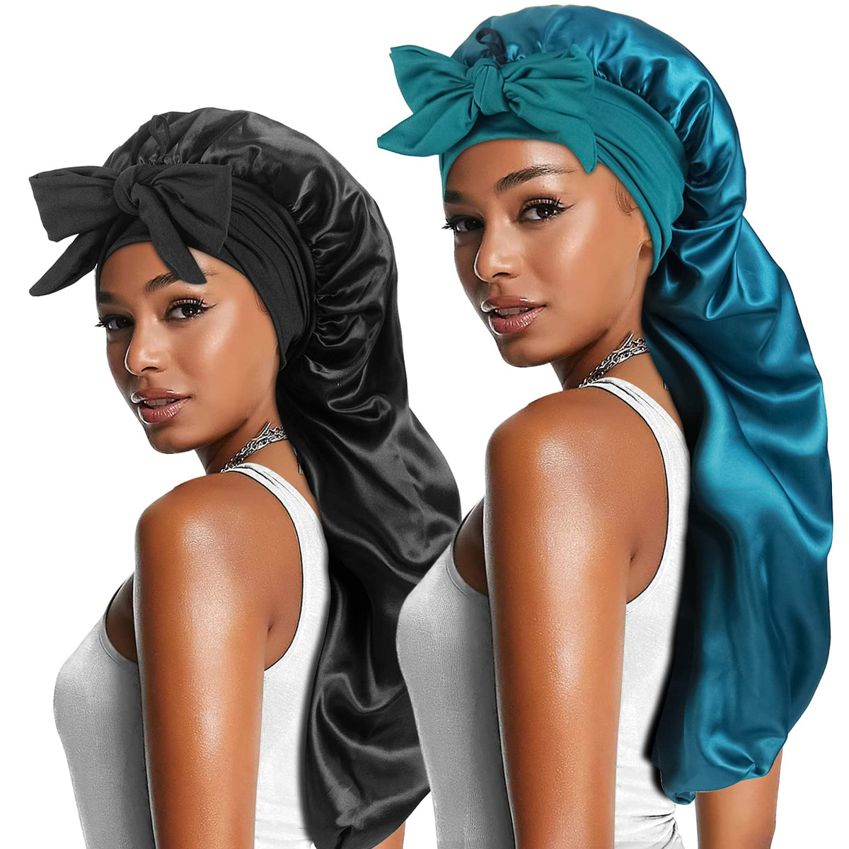 Heniho front view of two satin bonnets showing roomy fit and tie bands benefits secure sleep