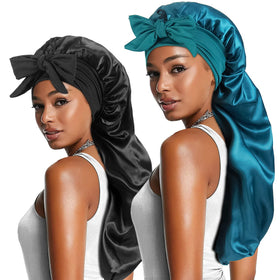 Heniho front view of two satin bonnets showing roomy fit and tie bands benefits secure sleep