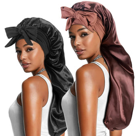 Heniho front view of two bonnets showing package and tie bands for secure sleep