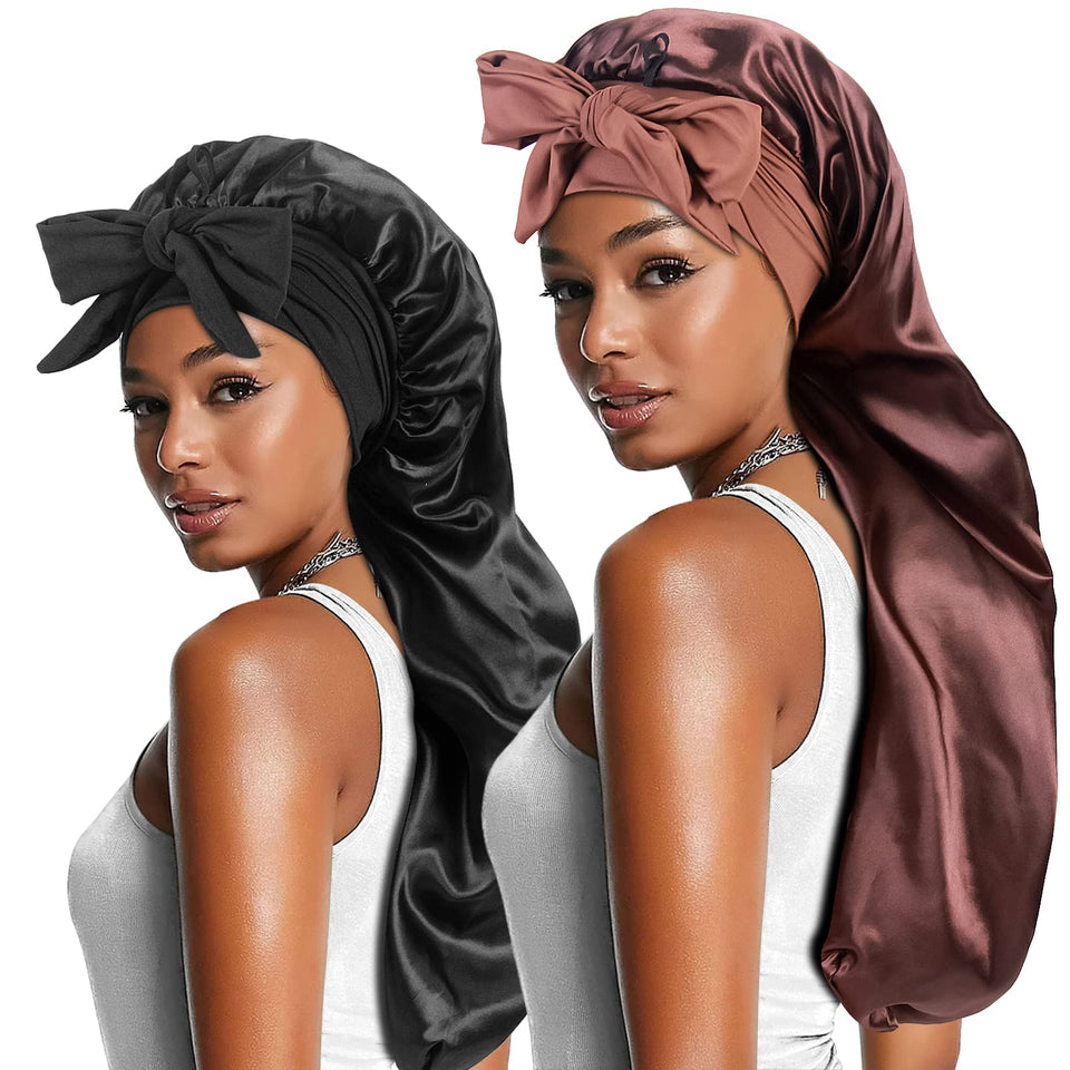 Heniho front view of two bonnets showing package and tie bands for secure sleep