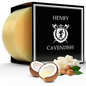 Henry Cavendish front view of 4 oz Himalaya shave soap puck showing clean packaging and benefit of refill convenience