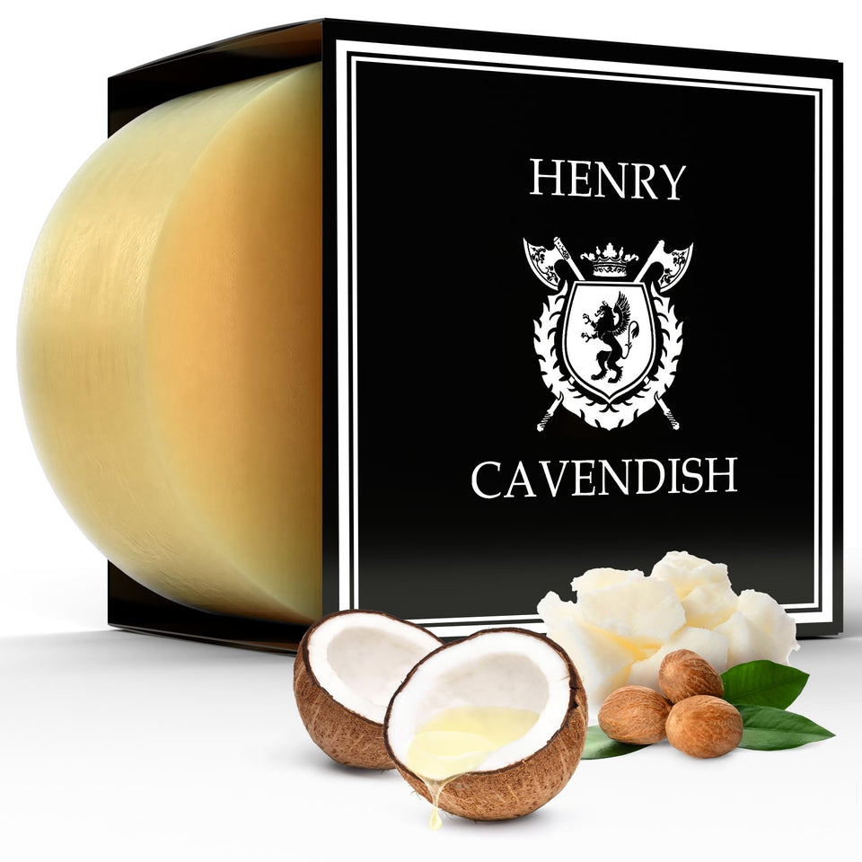 Henry Cavendish front view of 4 oz Himalaya shave soap puck showing clean packaging and benefit of refill convenience