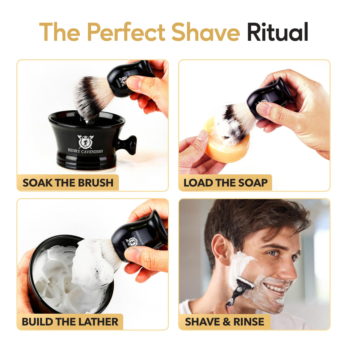 Henry Cavendish puck loaded in shaving mug with brush illustrating easy in-mug lathering and stable foam