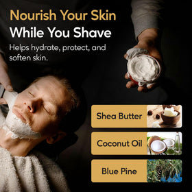 Henry Cavendish puck staged in bathroom lifestyle scene showing low-scent natural shave routine benefit