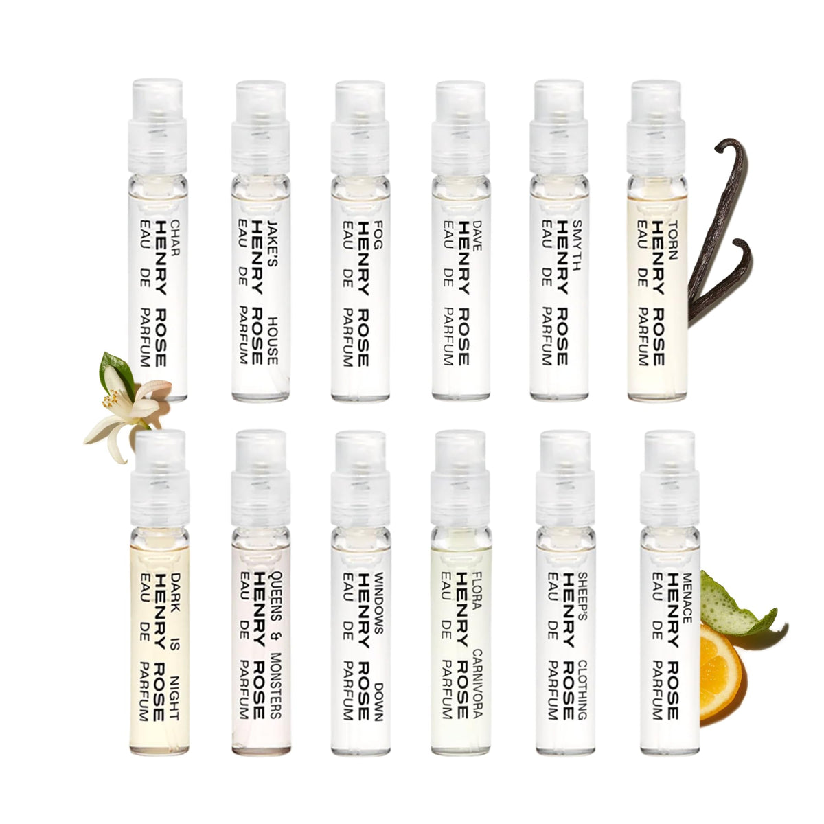 Henry Rose flatlay of 12 mini perfume vials showing complete collection and easy sampling