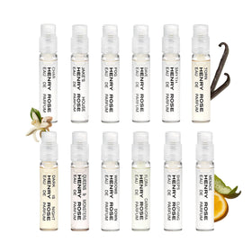 Henry Rose flatlay of 12 mini perfume vials showing complete collection and easy sampling