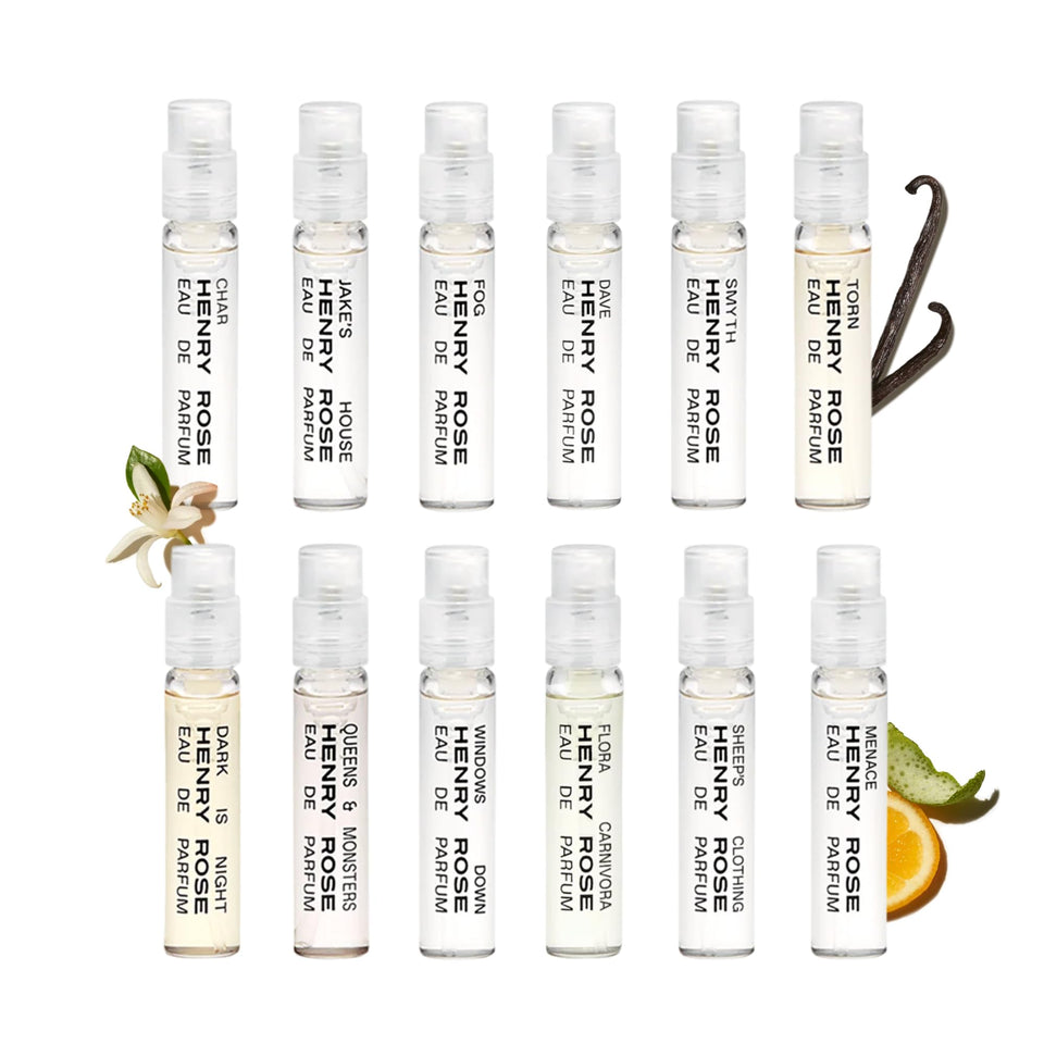 Henry Rose flatlay of 12 mini perfume vials showing complete collection and easy sampling