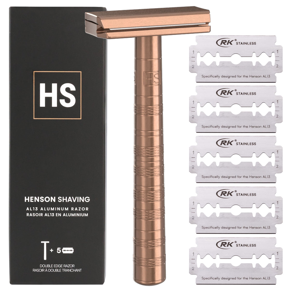 Henson Shaving copper razor front view showing elegant finish and durable design
