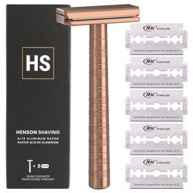 Henson Shaving copper razor front view showing elegant finish and durable design