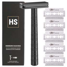 Henson Shaving front view of jet black razor showing sleek profile and precise head for close shaves