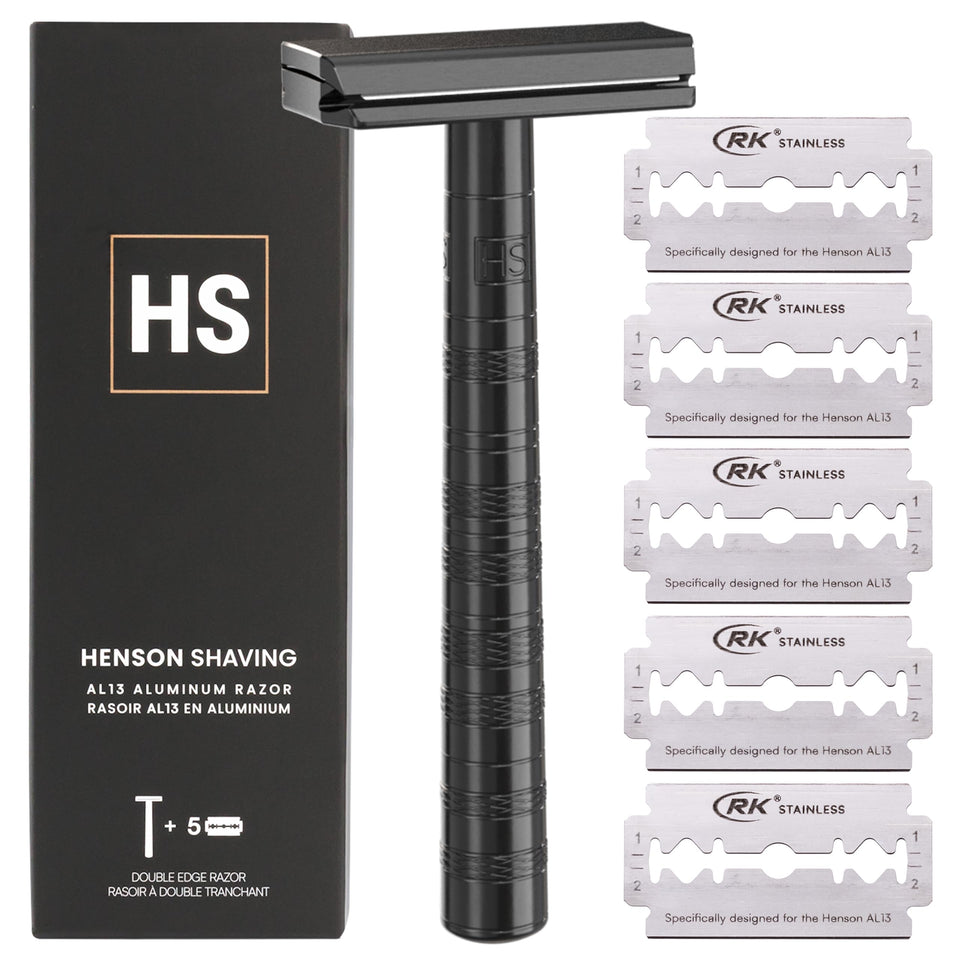 Henson Shaving front view of jet black razor showing sleek profile and precise head for close shaves