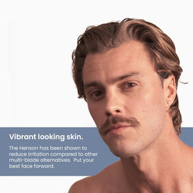 Henson Shaving packaging with five spare blades illustrating starter kit value and readiness