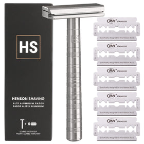 Henson Shaving front view showing full aluminum razor and ergonomic handle benefit