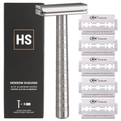 Henson Shaving front view showing full aluminum razor and ergonomic handle benefit