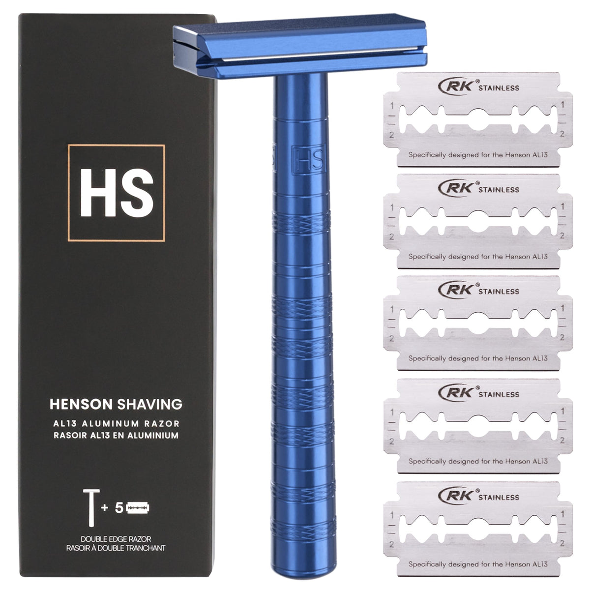 Henson Shaving steel blue razor front view showing sleek finish and balance