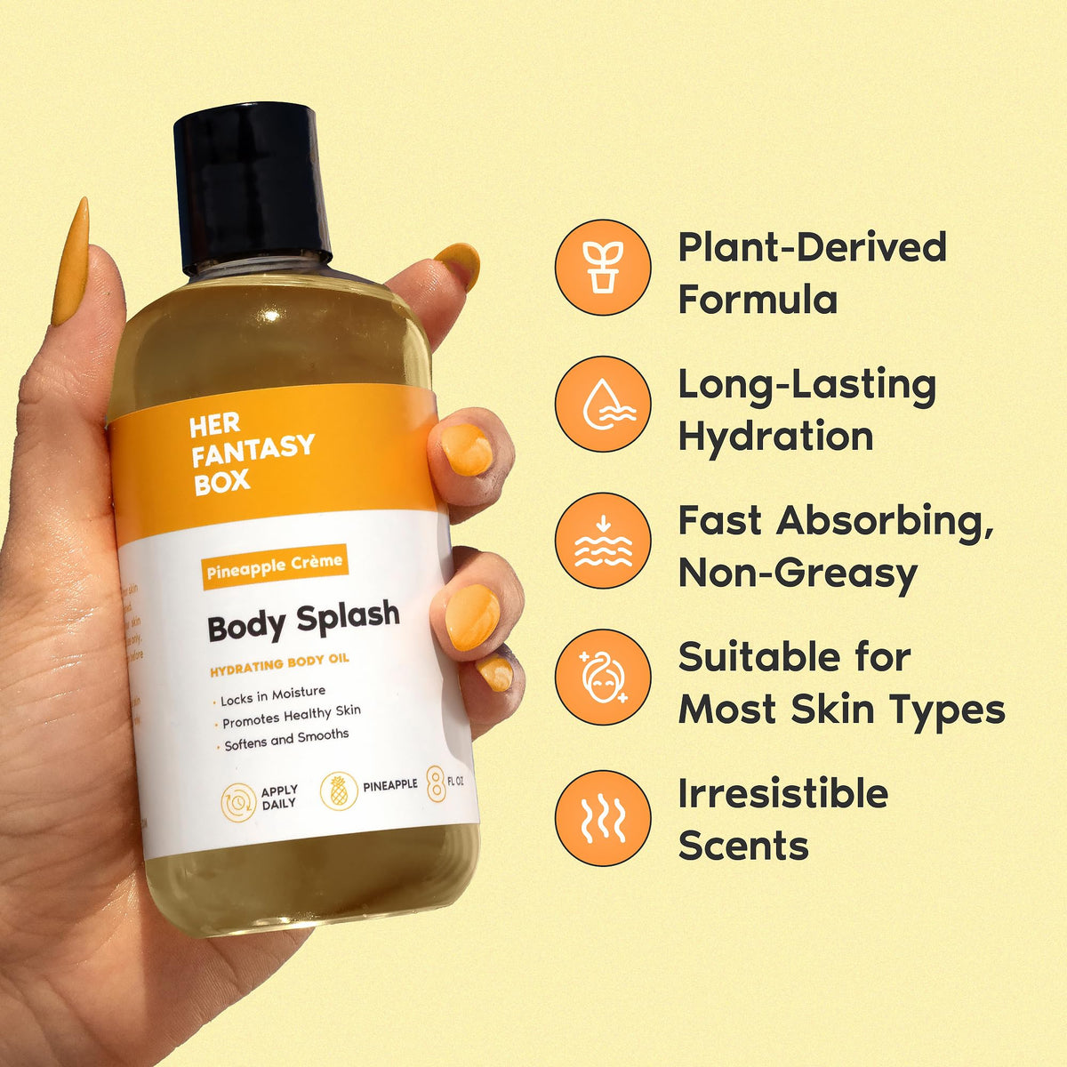 Her Fantasy Box application on arm demonstrating non-greasy hydration and softness