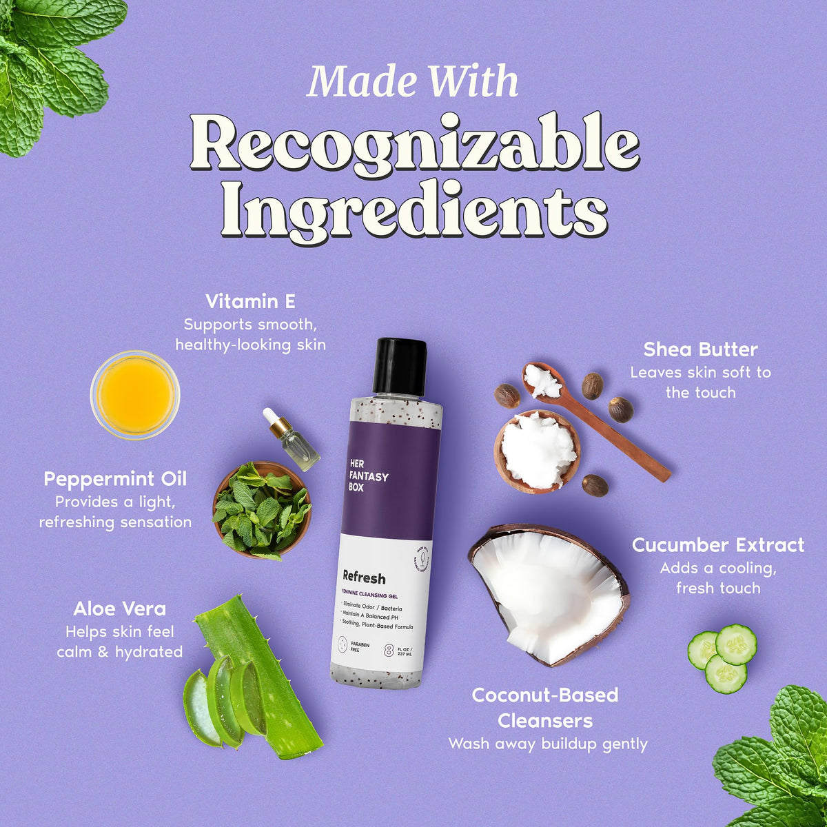 Her Fantasy Box ingredient list label highlighting natural components and transparency