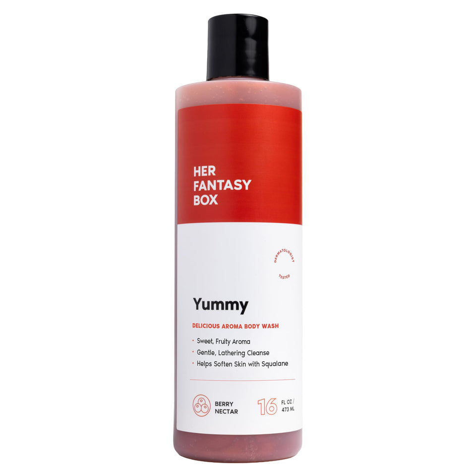 Her Fantasy Box bottle front view showing fragrant body wash and branding benefits