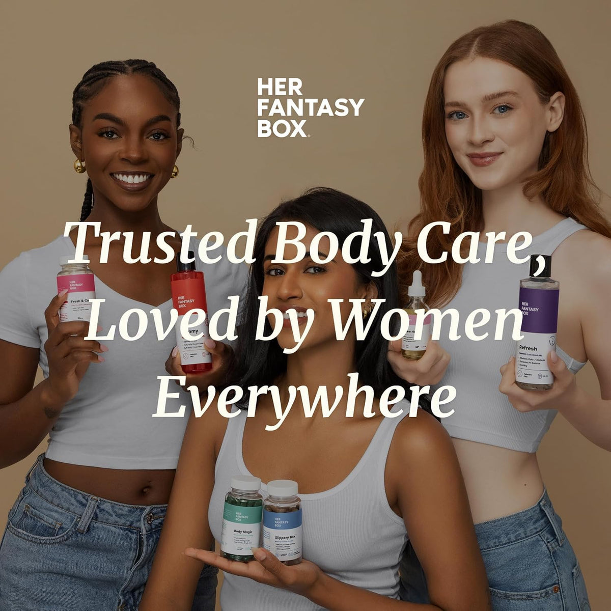 Her Fantasy Box on bath shelf arrangement showing organized self-care convenience