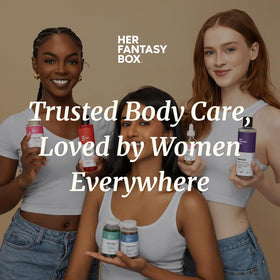 Her Fantasy Box on bath shelf arrangement showing organized self-care convenience