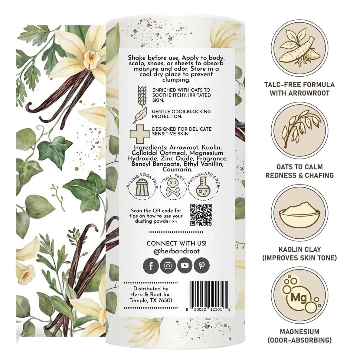 Herb & Root close-up of arrowroot and oats texture highlighting gentle absorbency