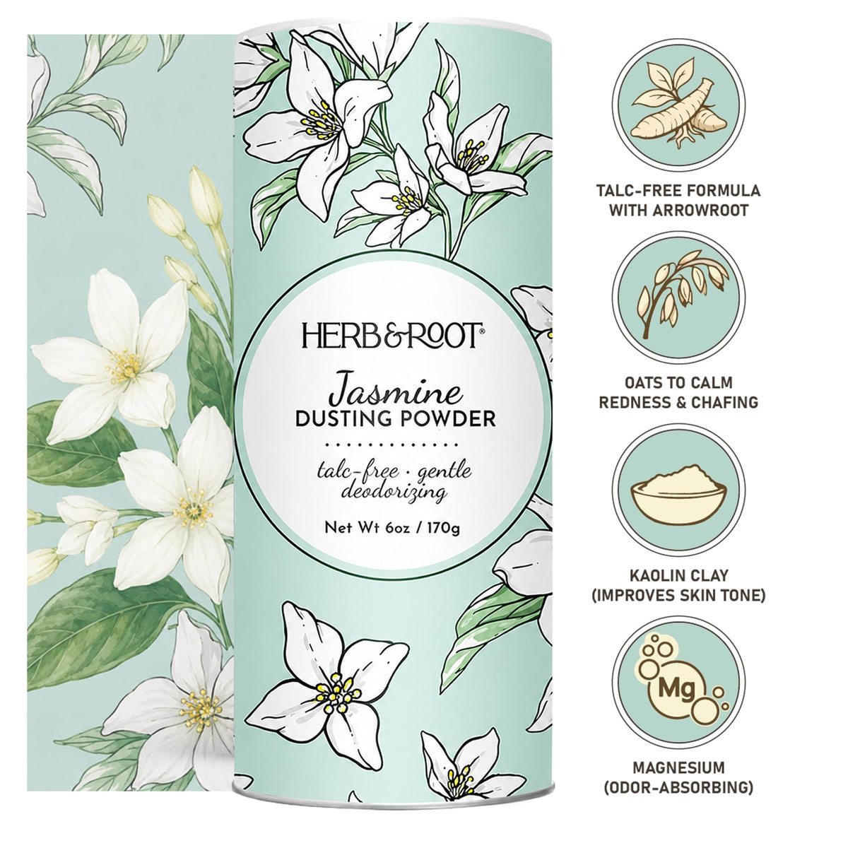 Herb & Root close-up of arrowroot powder texture for gentle absorbency