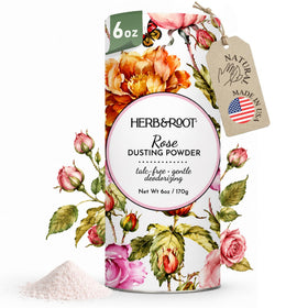 Herb & Root front packaging of rose full-size powder showing elegant label and scent benefit