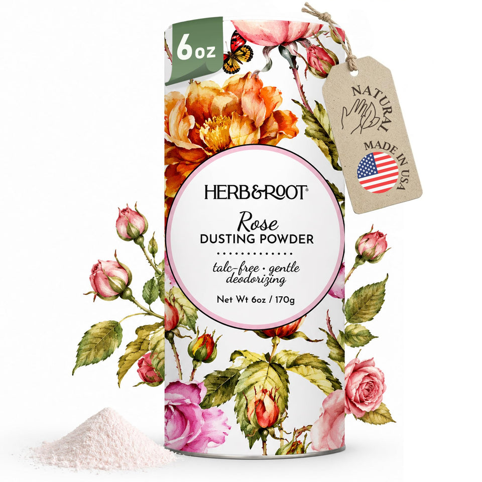 Herb & Root front packaging of rose full-size powder showing elegant label and scent benefit