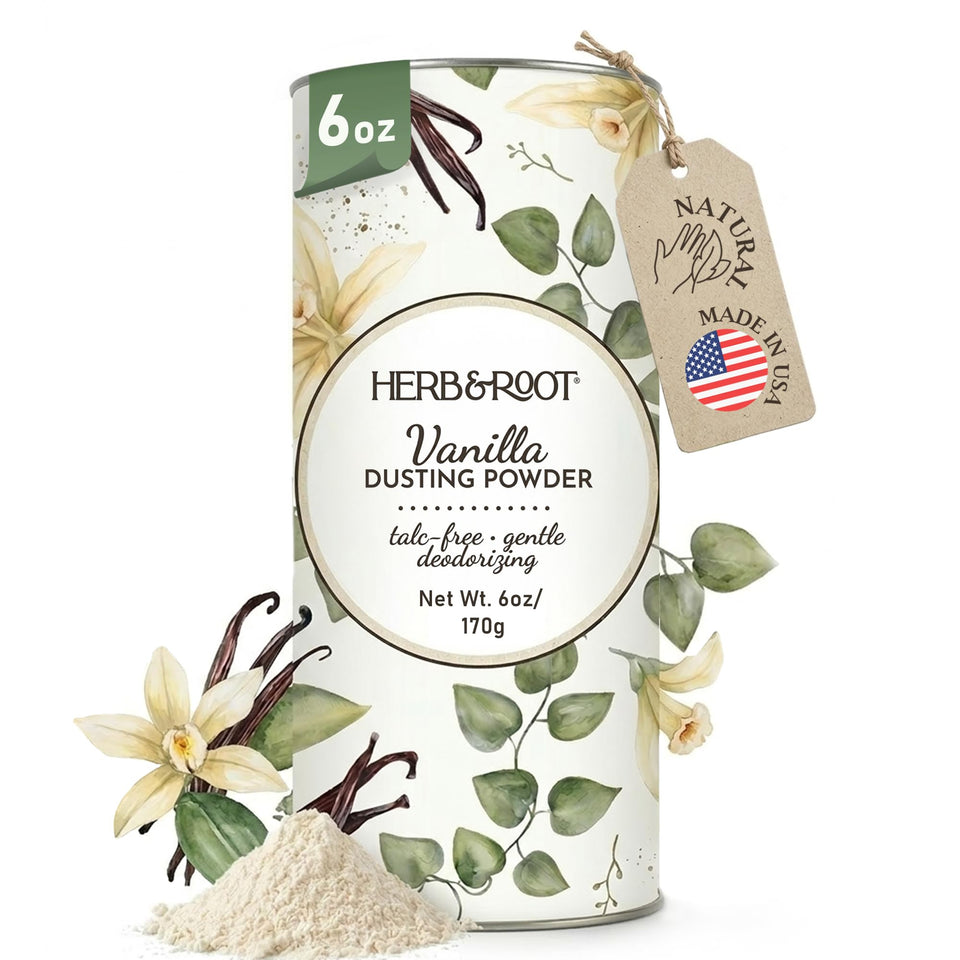 Herb & Root front packaging full-size vanilla powder shows fragrance and use benefits