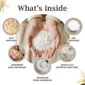 Herb & Root powder applied to underarm demonstrating anti-chafing and moisture control