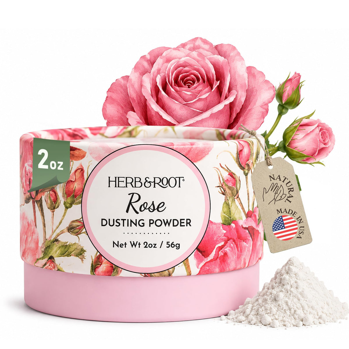Herb & Root front label showing rose dusting powder benefit
