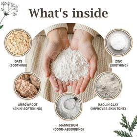 Herb & Root powder being applied to skin to reduce chafing and moisture