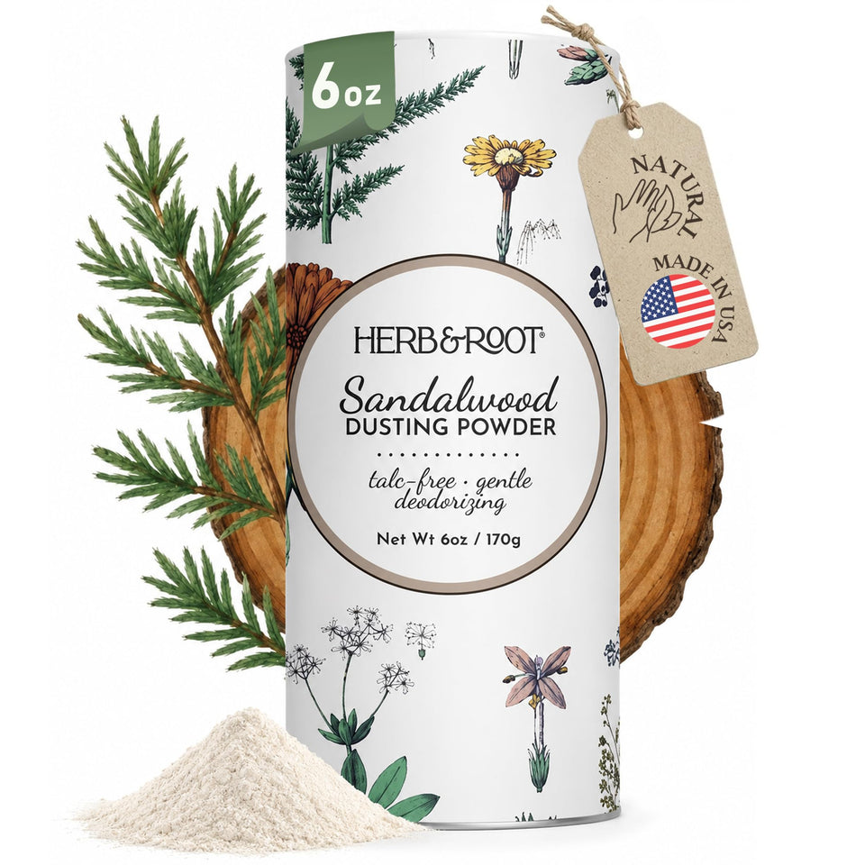 Herb & Root front label showing product benefits and sandalwood scent