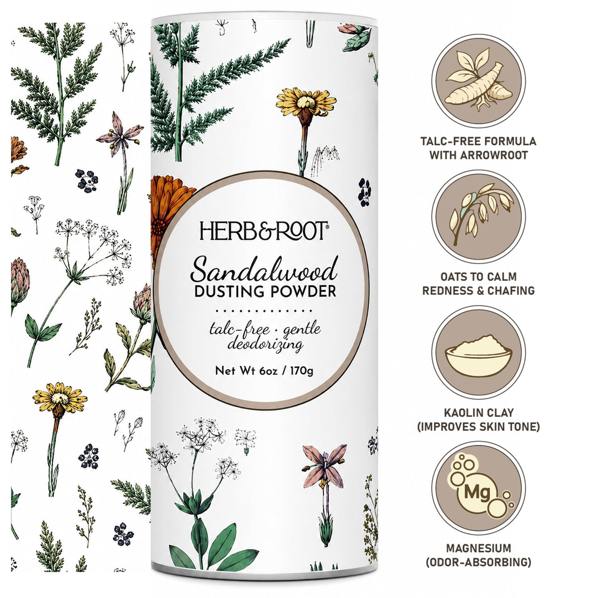Herb & Root open jar revealing fine talc-free powder for absorbency