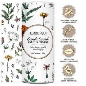 Herb & Root open jar revealing fine talc-free powder for absorbency
