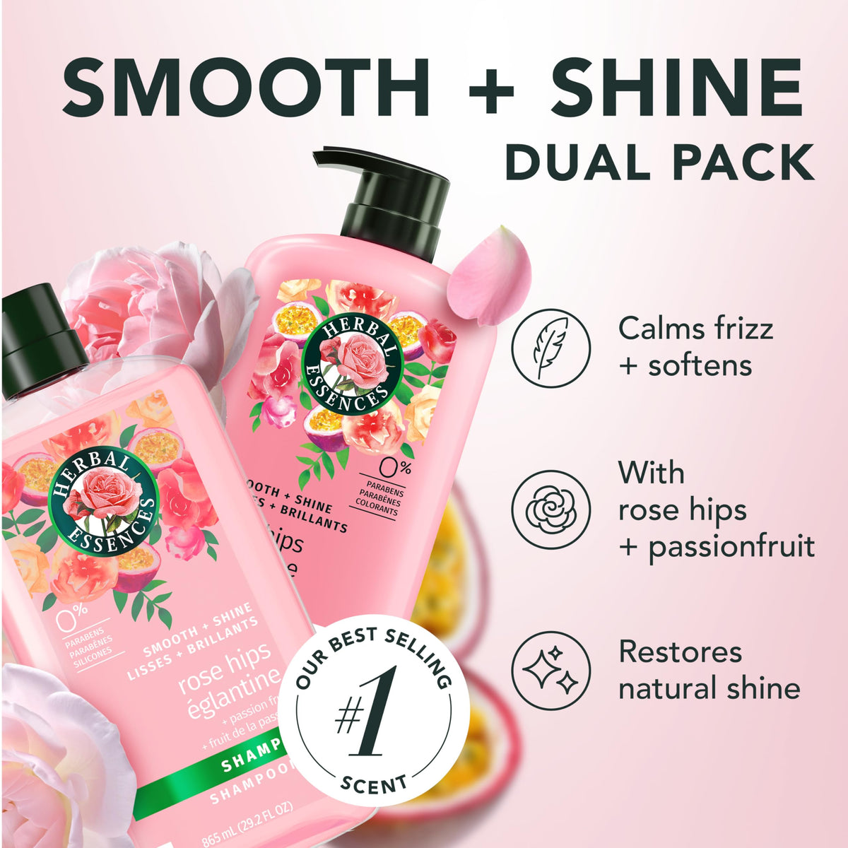 Herbal Essences label close-up highlighting rose hips passionfruit and key actives