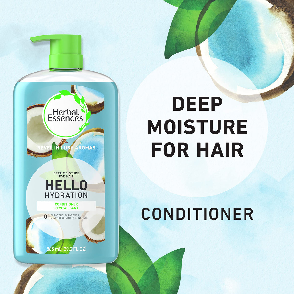 Herbal Essences bottles next to common objects showing large 29.2 fl oz benefit
