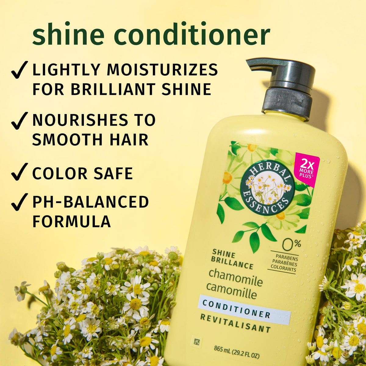 Herbal Essences chamomile back label close-up showing ingredients and product claims for informed shoppers
