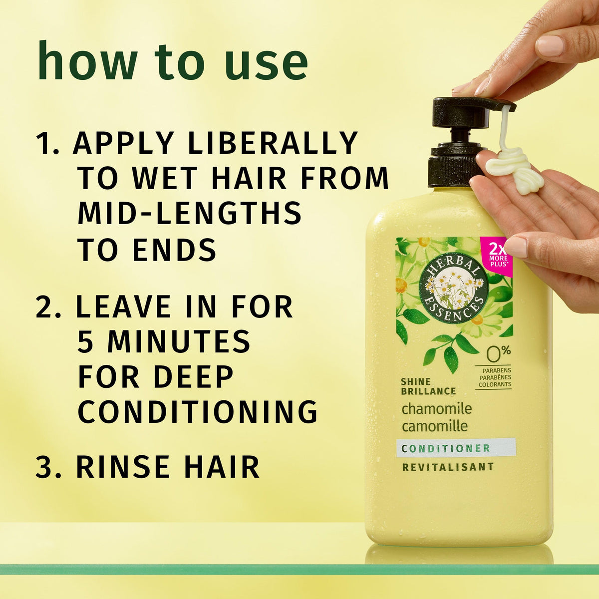 Herbal Essences chamomile bottle styled on bathroom shelf in lifestyle setting for everyday use appeal