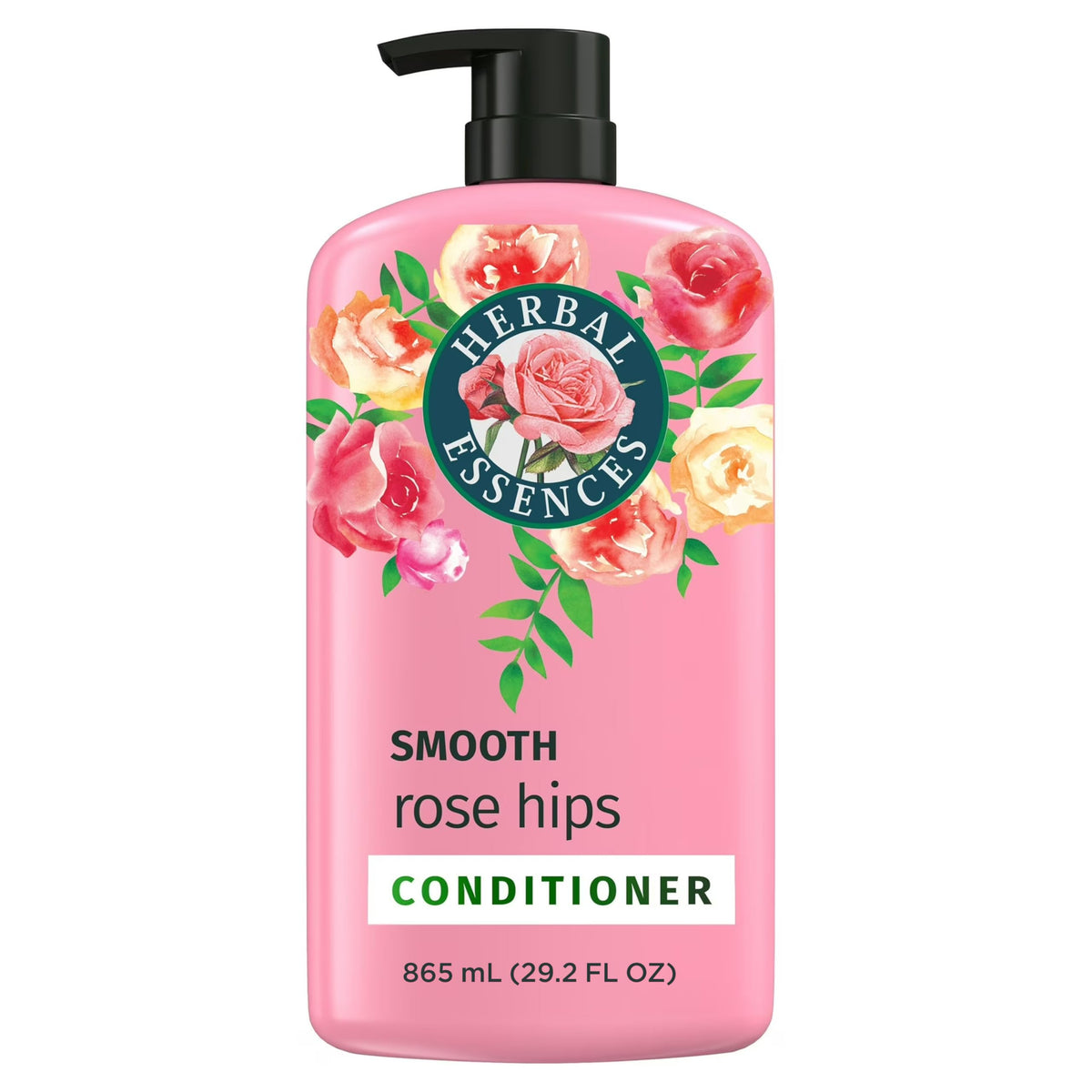 Herbal Essences front bottle showing rose hips and smooth-hair benefit