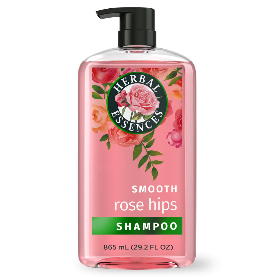 Herbal Essences front bottle showing rose hips scent and benefit of smooth hair